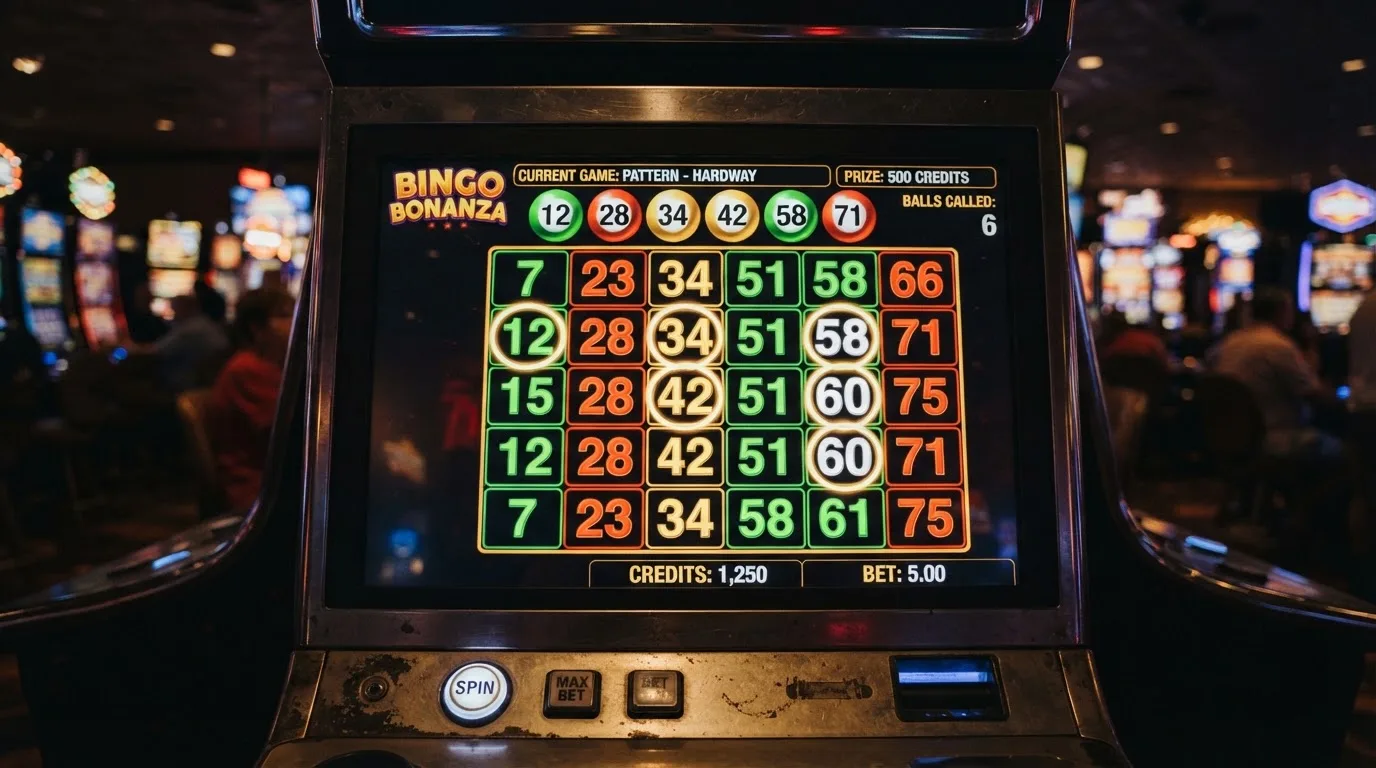 Ekran automatu do gry z kolorową planszą w stylu bingo i podświetlonymi liczbami
