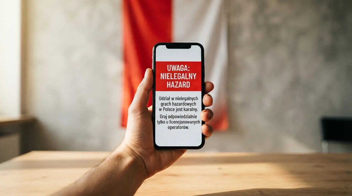 Dłoń trzymająca telefon z widocznym komunikatem ostrzegawczym o legalności hazardu online na tle biało-czerwonej flagi Polski.