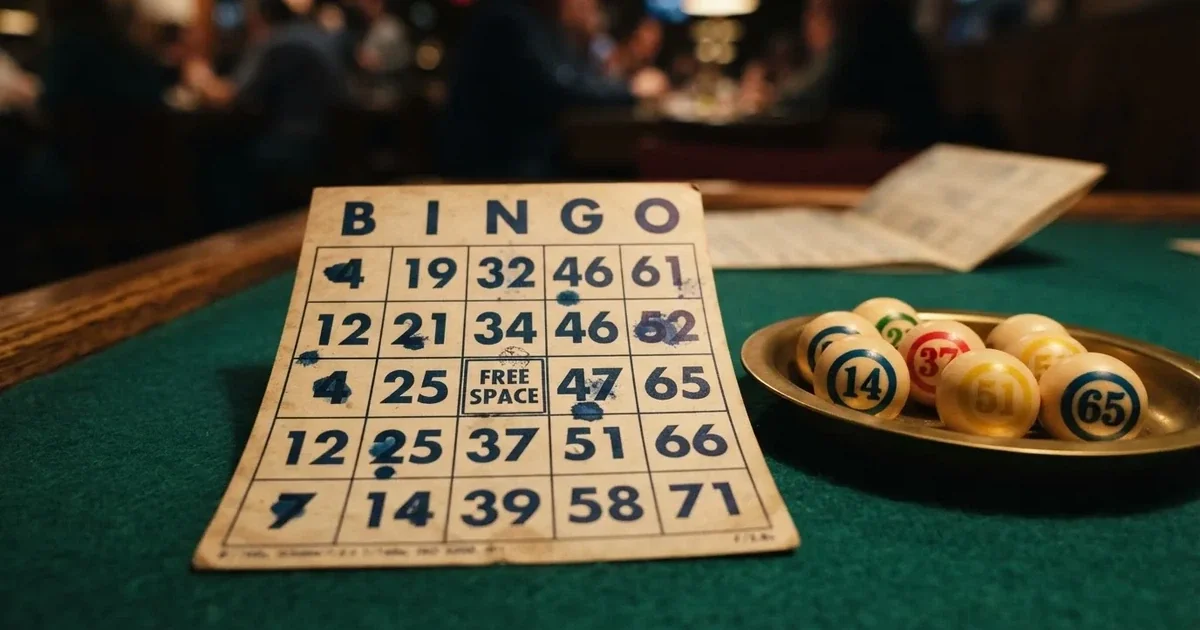 Karta do bingo z odznaczonymi liczbami obok wylosowanych kulek na stole w kasynie online