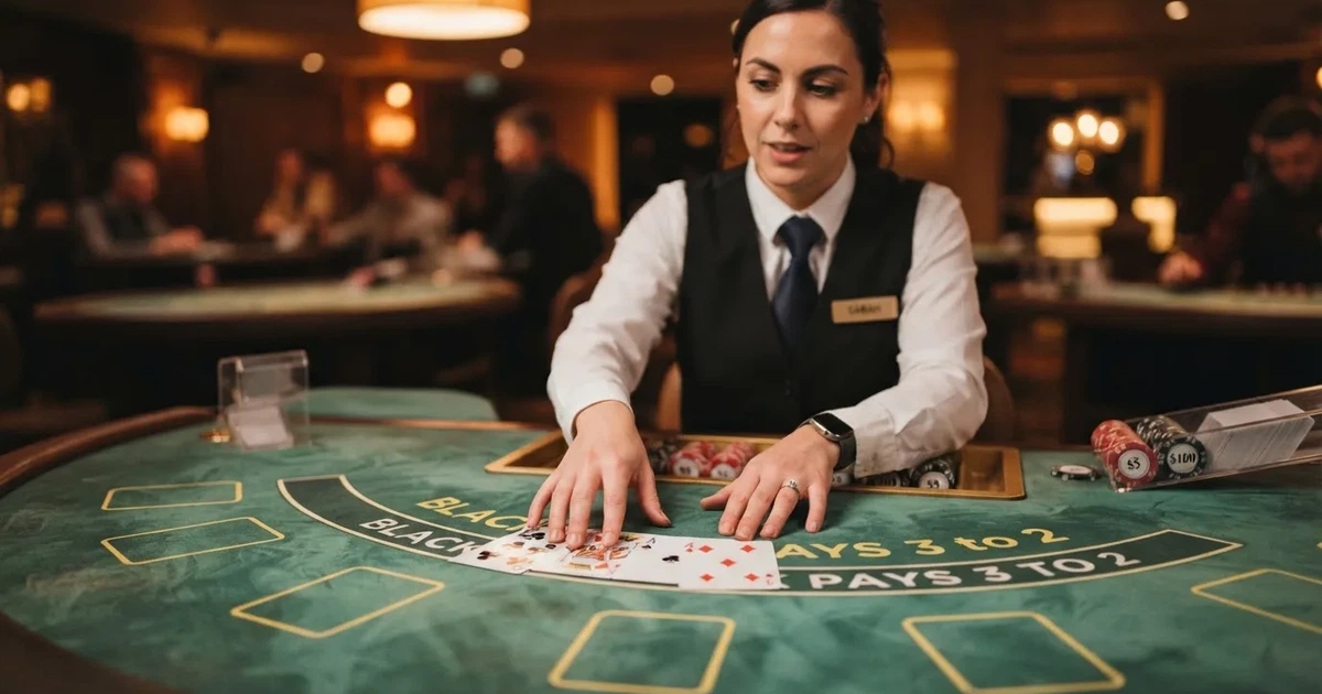 Krupier rozdający karty przy stole blackjacka na żywo w kasynie online