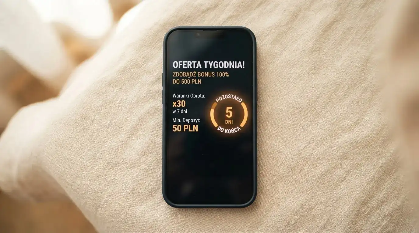 Zbliżenie na telefon z listą warunków promocji i licznikiem odliczającym dni do końca oferty