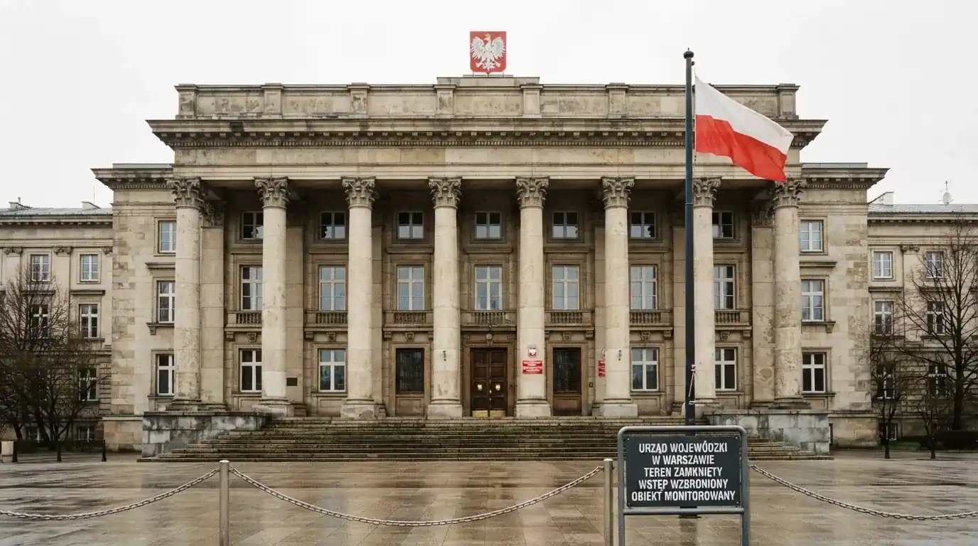 Fasada budynku instytucji państwowej z flagą Polski, symbol nadzoru regulatora nad rynkiem gier hazardowych