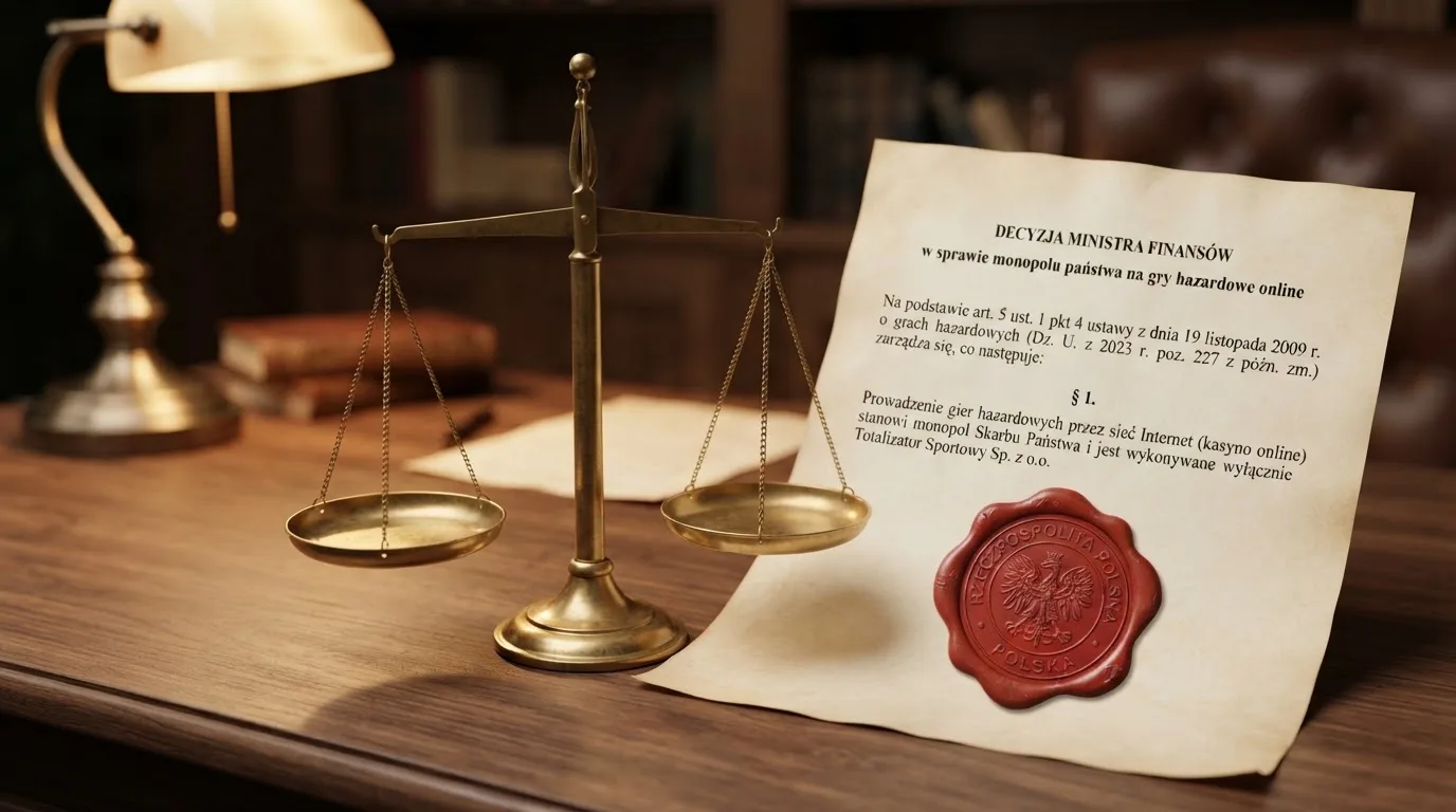 Waga i pieczęć obok napisu o państwowym monopolu na kasyno online