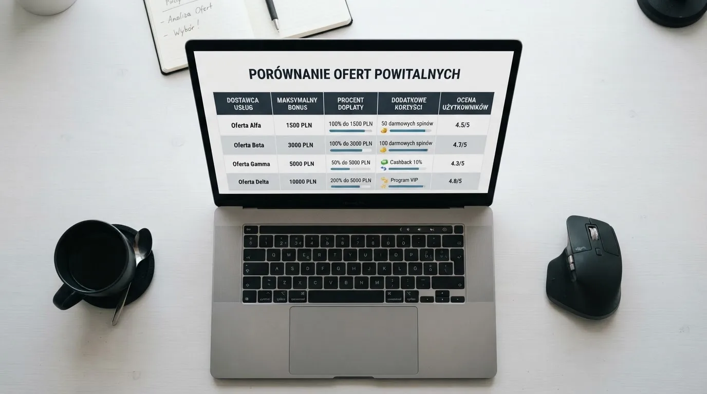 Widok z góry na laptop z otwartą tabelą porównawczą ofert powitalnych kilku serwisów kasynowych
