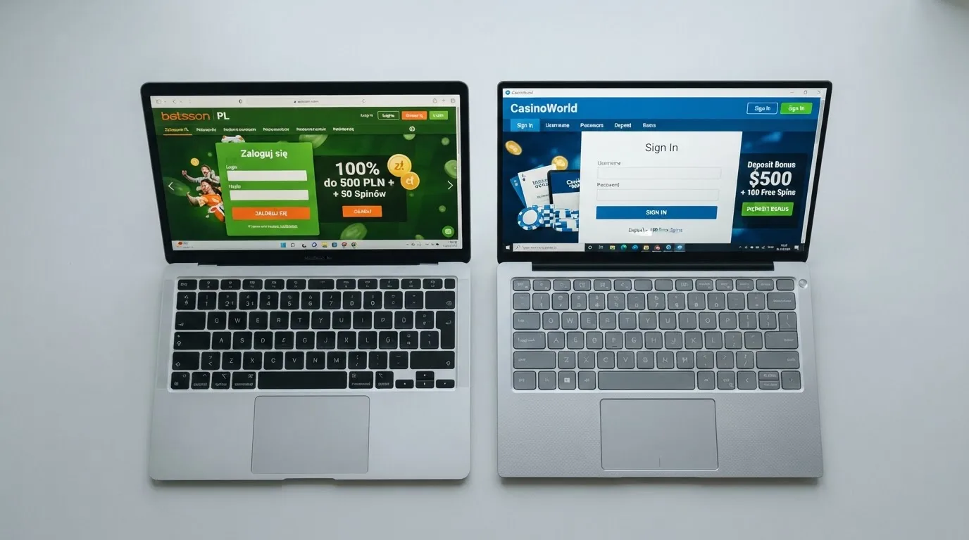 Dwa ekrany logowania kasyna online obok siebie na biurku, jeden z polskim interfejsem złotówkowym, symbolizujące porównanie dwóch różnych serwisów