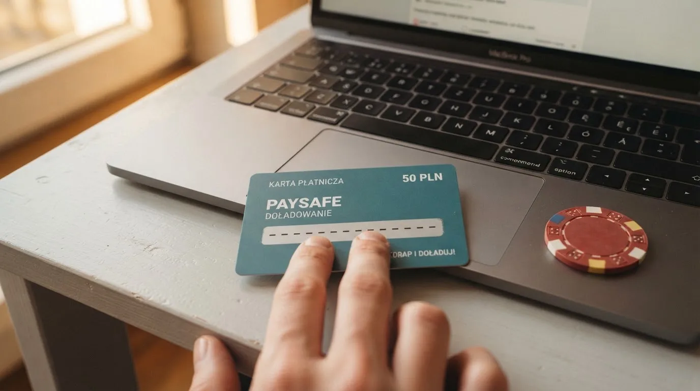 Karta przedpłacona Paysafecard z zasłoniętym polem kodu PIN obok klawiatury laptopa