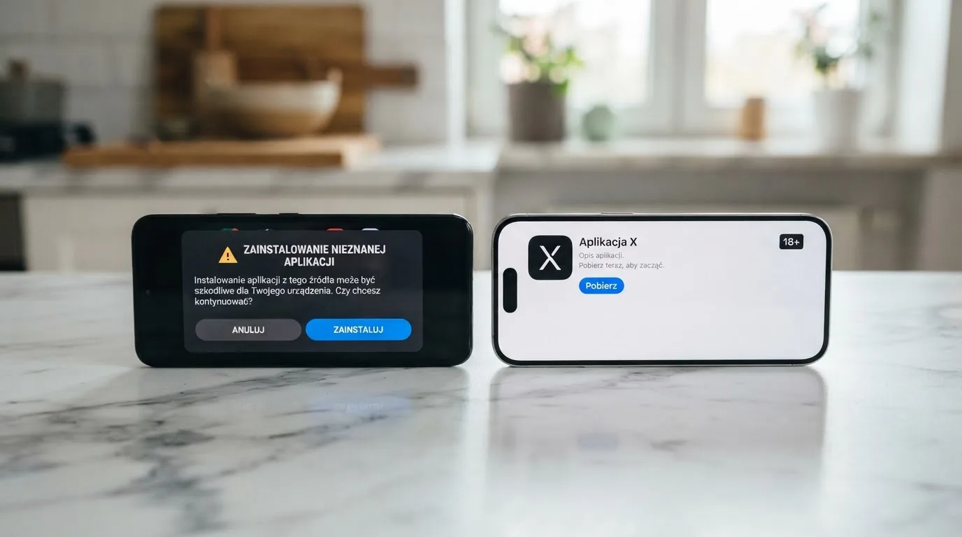 Dwa telefony obok siebie: na jednym komunikat zgody na instalację pliku APK z nieznanego źródła, na drugim strona aplikacji w sklepie z przyciskiem pobierania