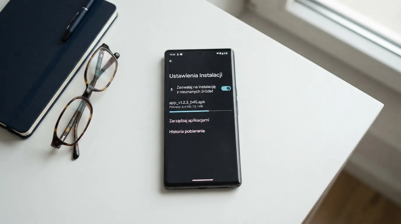Ekran ustawień Androida z przełącznikiem zgody na instalację aplikacji z nieznanego źródła i pobranym plikiem instalacyjnym na liście