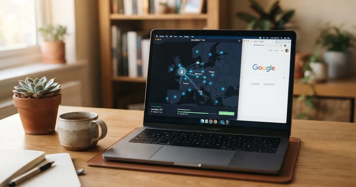 Laptop na biurku z włączoną aplikacją VPN i mapą serwerów w kilku krajach obok otwartej przeglądarki