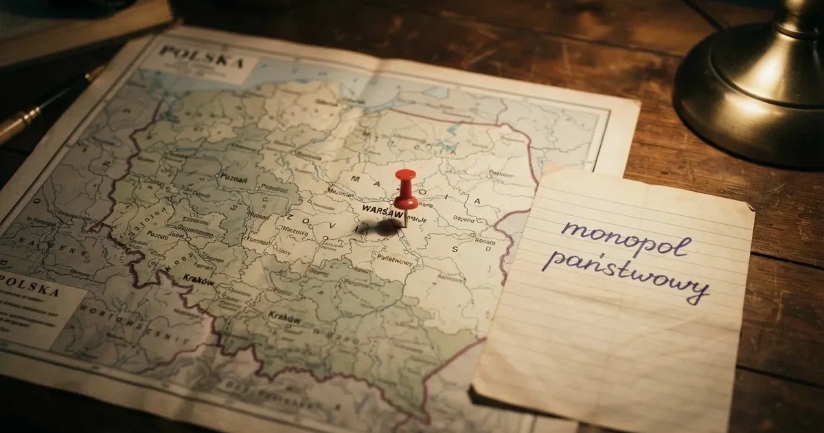 Mapa Polski rozłożona na biurku z jedną czerwoną pinezką wbitą w Warszawę i kartką z odręcznym dopiskiem o monopolu państwa