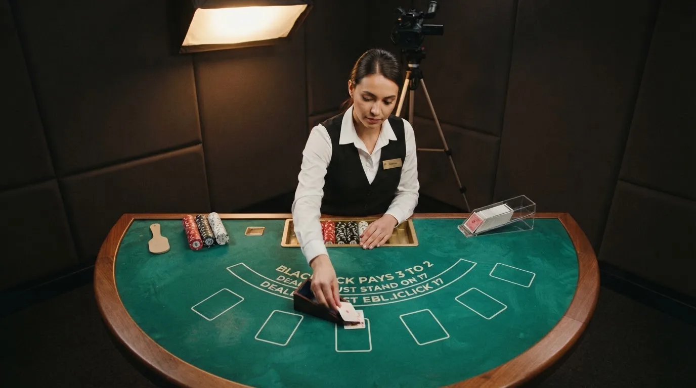 Krupier rozdający karty przy stole blackjacka podczas transmisji na żywo