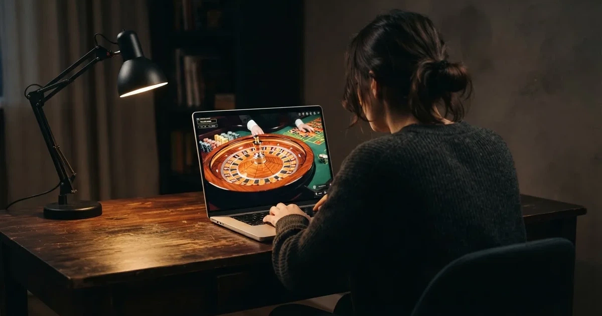 Gracz przy laptopie czyta krótkie wyjaśnienie, czym jest kasyno na żywo