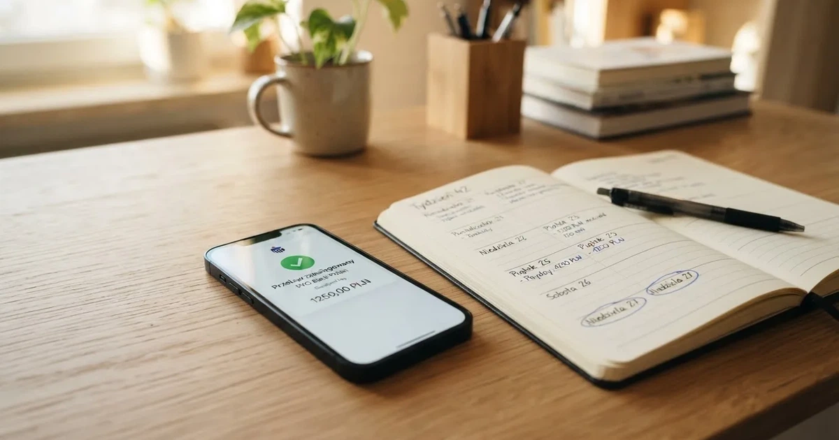 Smartfon z powiadomieniem o zaksięgowanym przelewie przychodzącym, obok papierowy kalendarz z zakreśloną sobotą i niedzielą