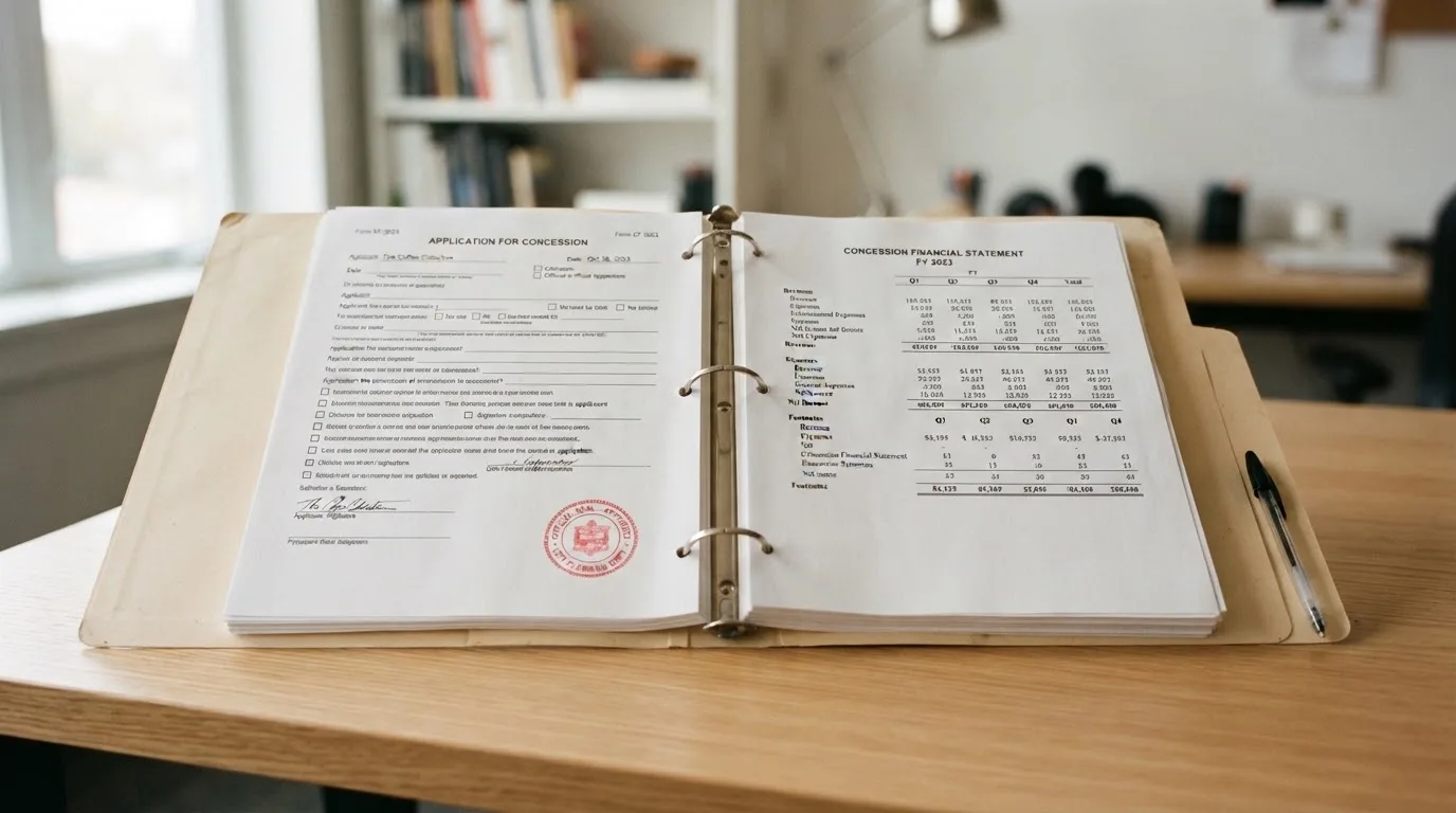 Segregator z wnioskiem o koncesję na kasyno gry, wydrukiem sprawozdania finansowego i urzędową pieczątką leżący na biurku
