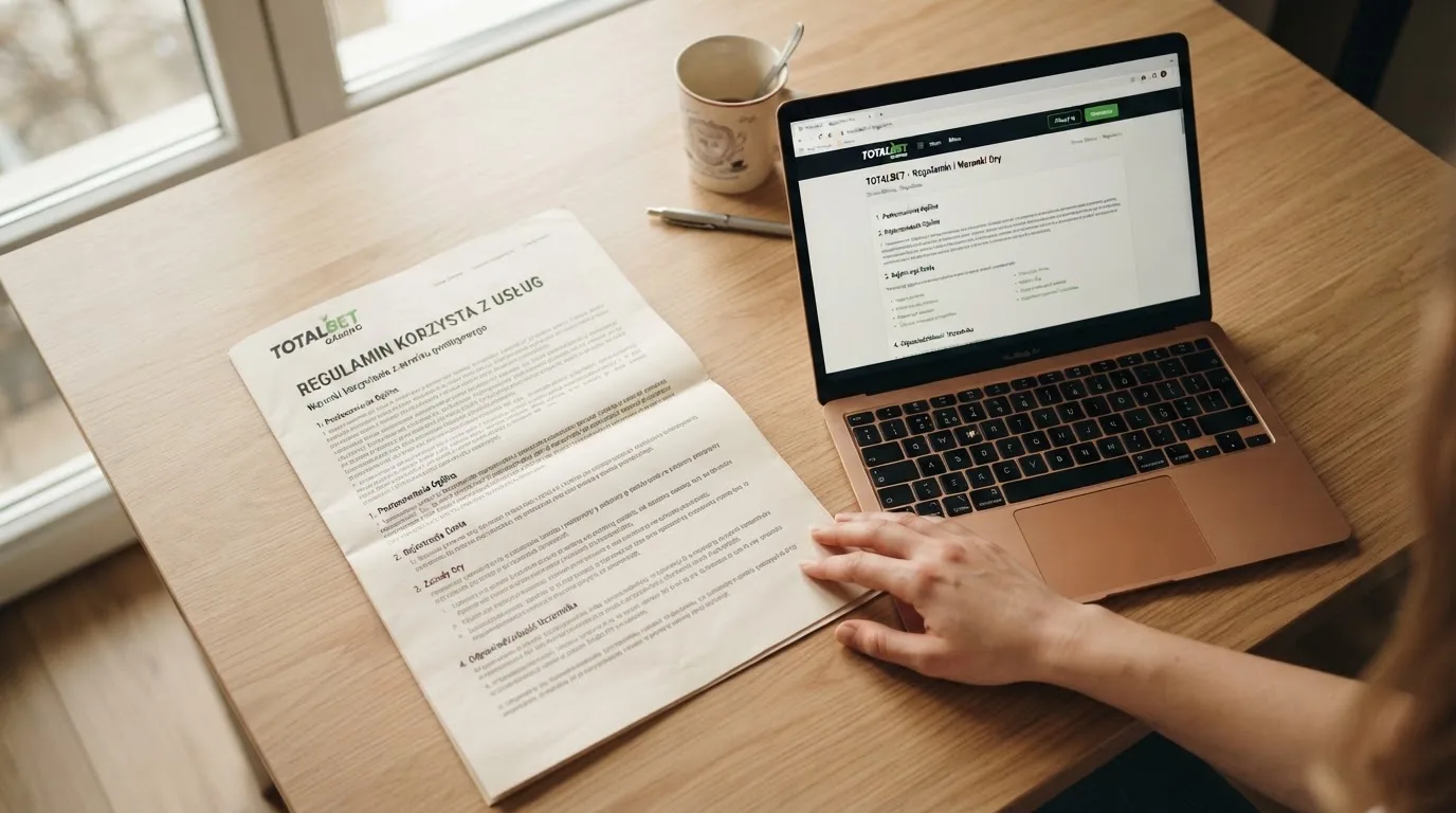 Dokument regulaminu operatora kasyna online rozłożony obok laptopa z otwartą stroną warunków gry