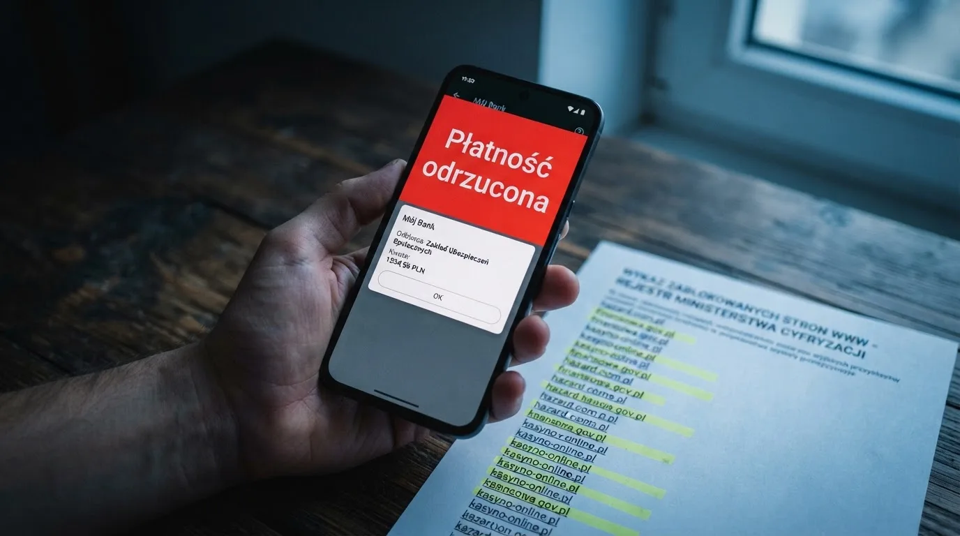 Telefon z komunikatem o odrzuconej płatności na ekranie, obok wydruk tabeli z listą zablokowanych adresów stron