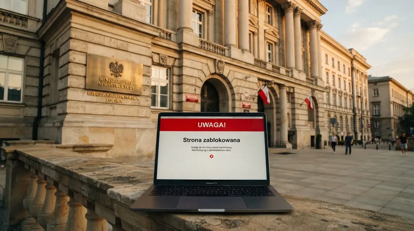 Budynek urzędu z tablicą ministerstwa, na pierwszym planie laptop z komunikatem o zablokowanej stronie kasyna