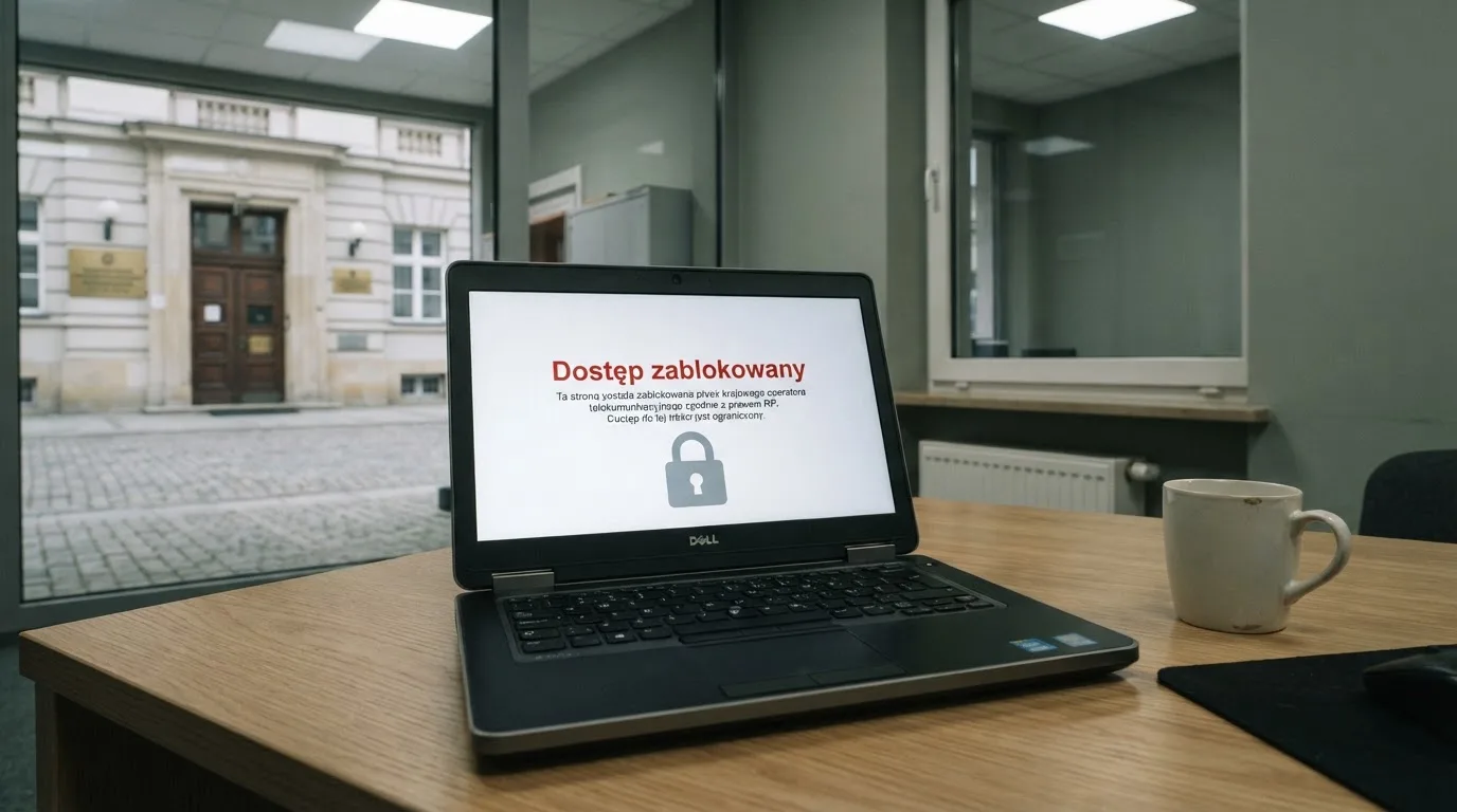 Laptop z komunikatem o zablokowanej stronie hazardowej, w tle budynek urzędu z tablicą ministerstwa