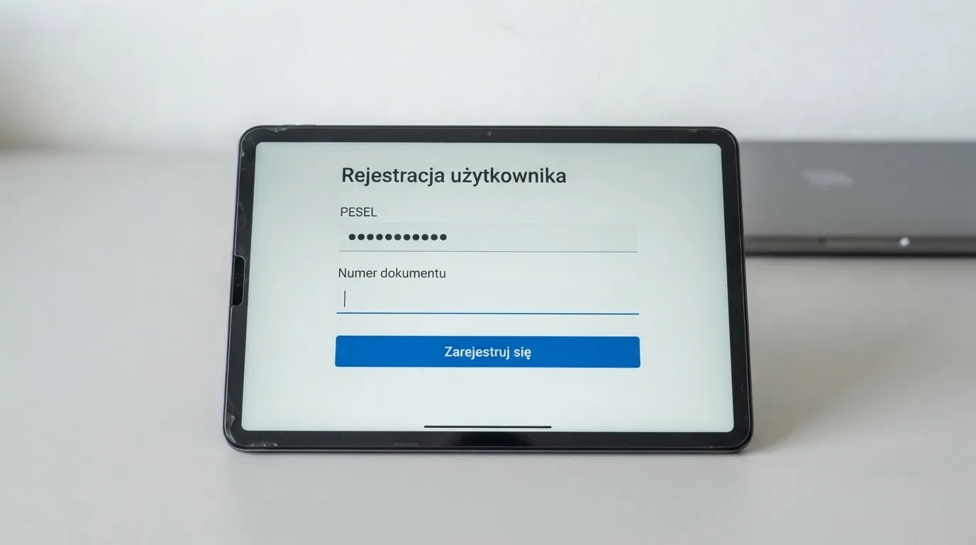 Formularz rejestracji konta gracza z polami na PESEL i numer dokumentu tożsamości na ekranie tabletu