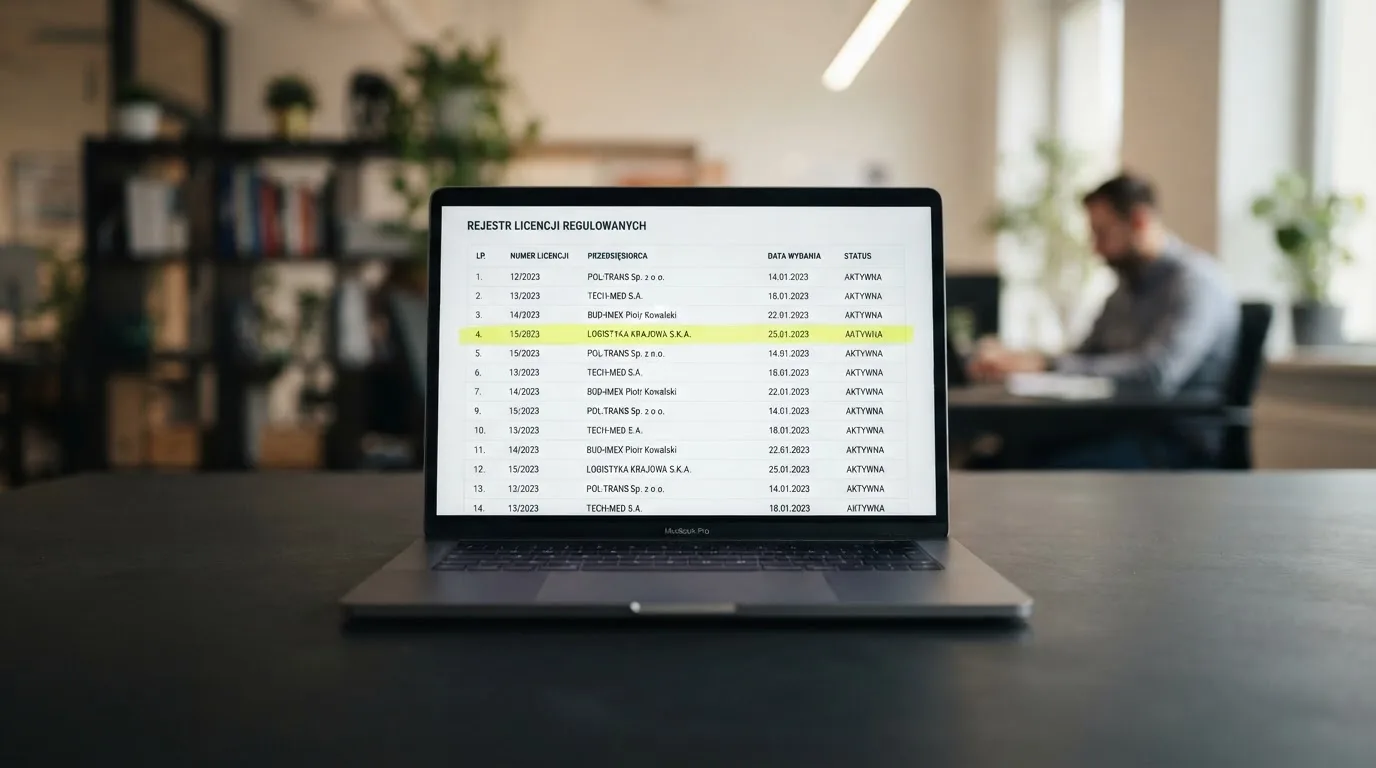 Ekran laptopa z otwartym rejestrem licencji regulatora z Curaçao, w którym jeden wiersz zaznaczono żółtym podświetleniem