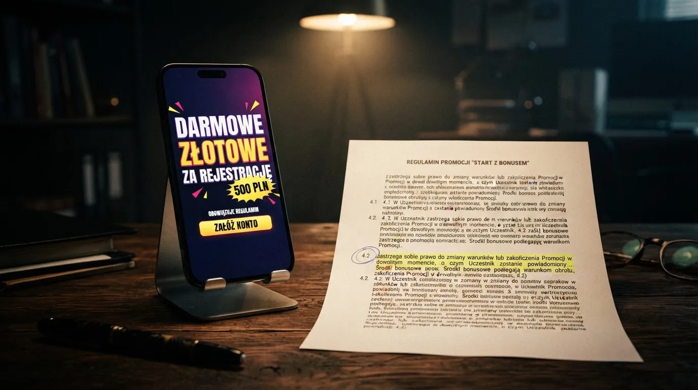 Telefon z banerem obiecującym darmowe złotówki za założenie konta, obok wydrukowany tekst ustawy o grach hazardowych z zaznaczonym artykułem