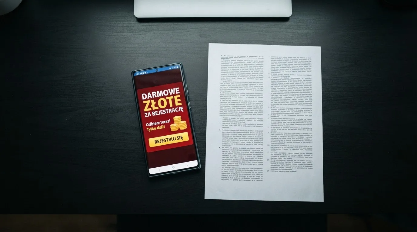Telefon z wyskakującym banerem obiecującym darmowe złotówki za rejestrację, obok wydruk ustawy o grach hazardowych