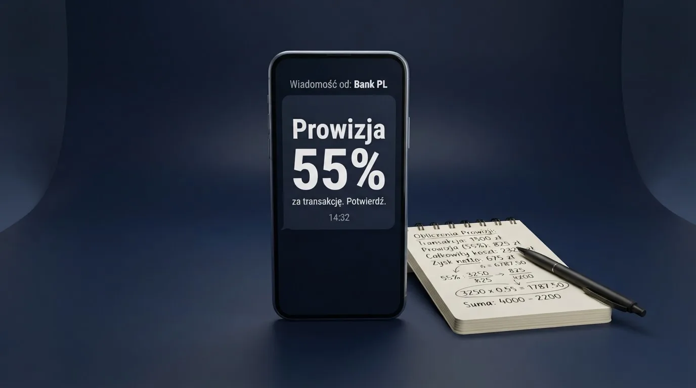 Ekran telefonu z wiadomością SMS obok kalkulatora liczącego opłaty